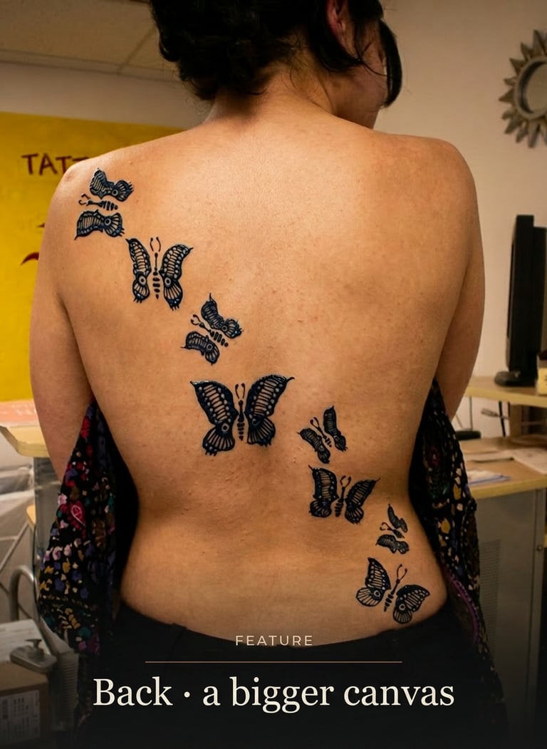 A woman's back featuring a decorative trail of black butterfly tattoos in varying sizes.