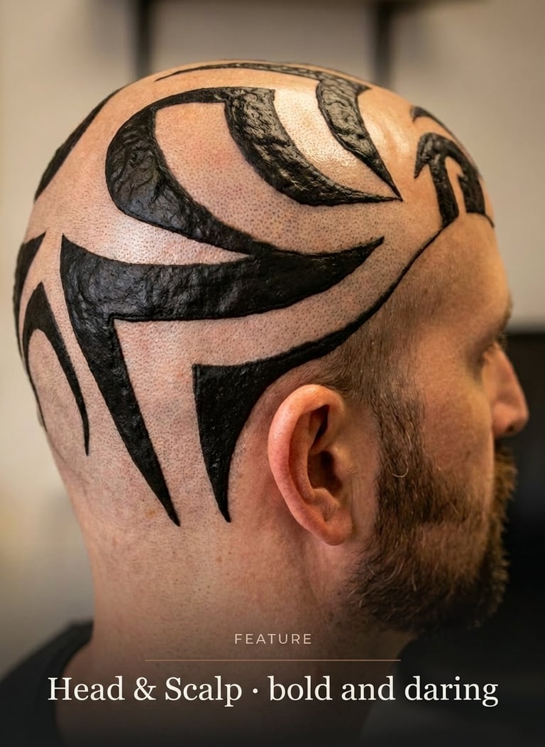 Bold black tribal tattoo design covering a man's shaved head and scalp.