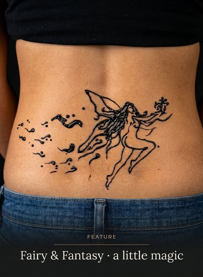 A detailed black ink fairy tattoo with magical sparkles on a woman's lower back.