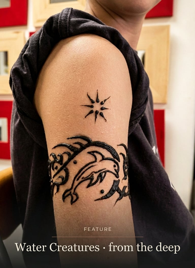 A black ink arm tattoo featuring a dolphin jumping through waves with a sun symbol above it.