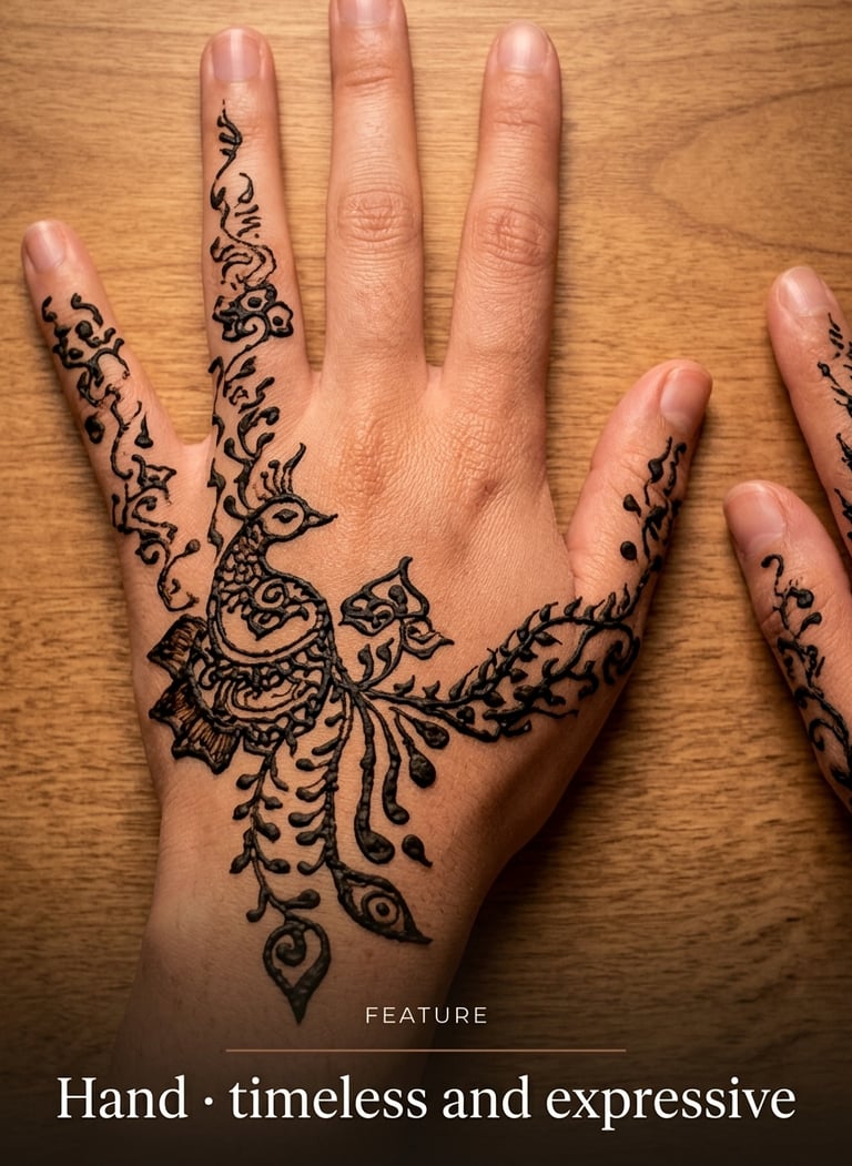 Detailed peacock henna tattoo design on a person's hand over a wooden background.