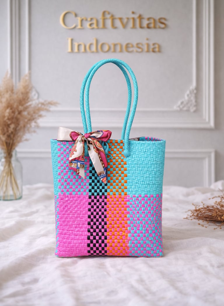 Tas anyaman plastik motif batik tosca pink oranye handmade dari Craftvitas Indonesia