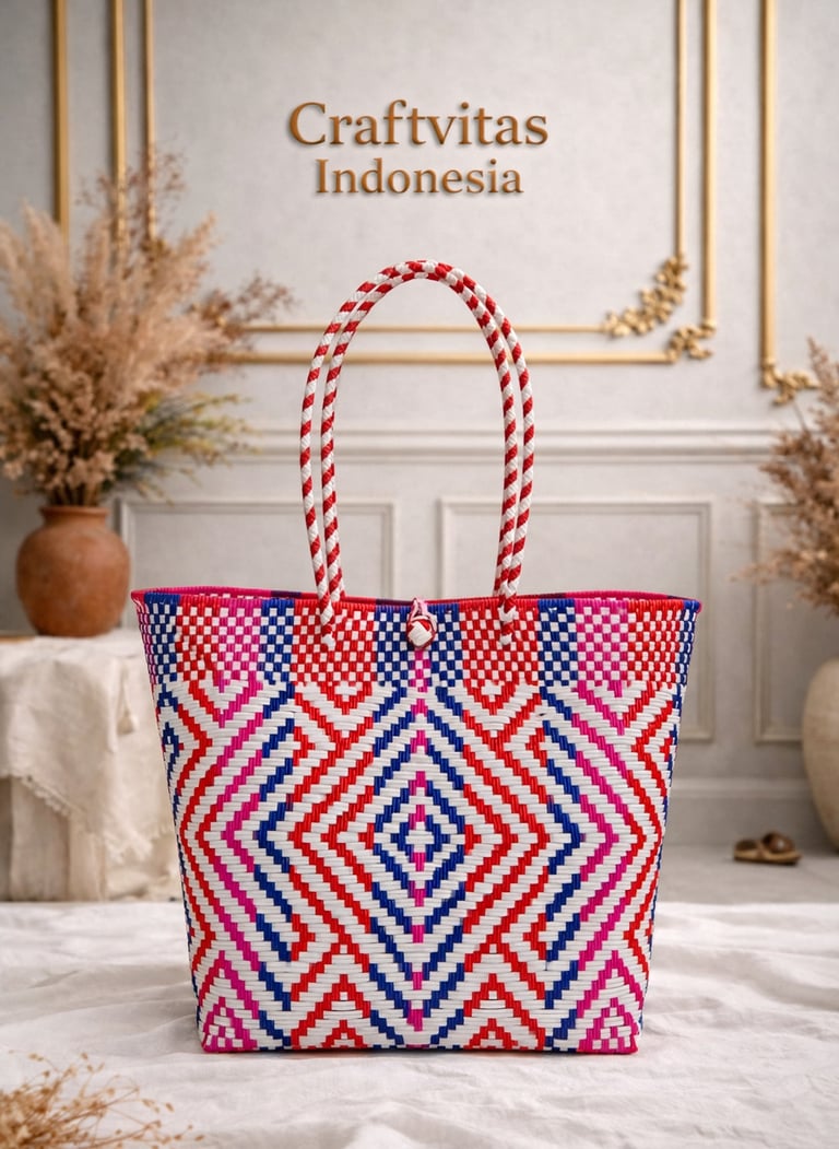 Tas anyaman plastik handmade warna merah biru putih motif diamond etnik dari Craftvitas Indonesia