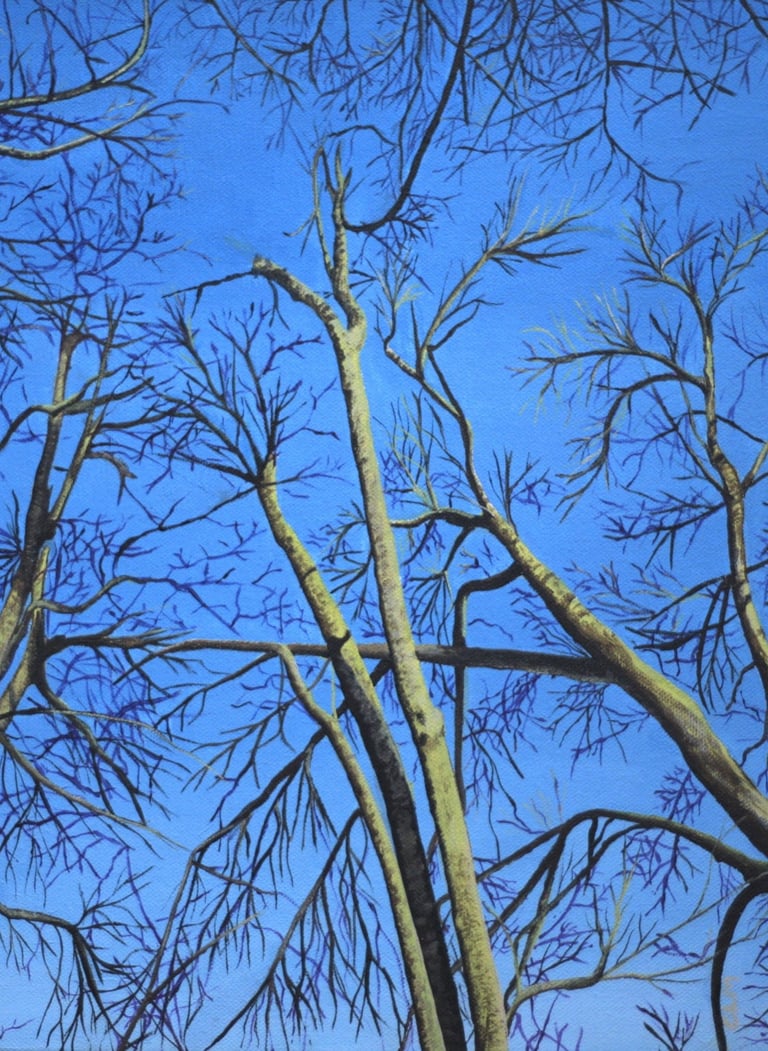 A painting of bare tree trunks and branches against a bright blue sky