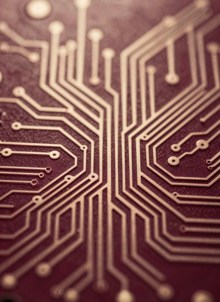 Abstract, high-contrast image of intricate neural pathways or a complex circuit board, bathed in deep burgundy and antique champagne light, with subtle energy flows, macro lens, warm editorial photography.