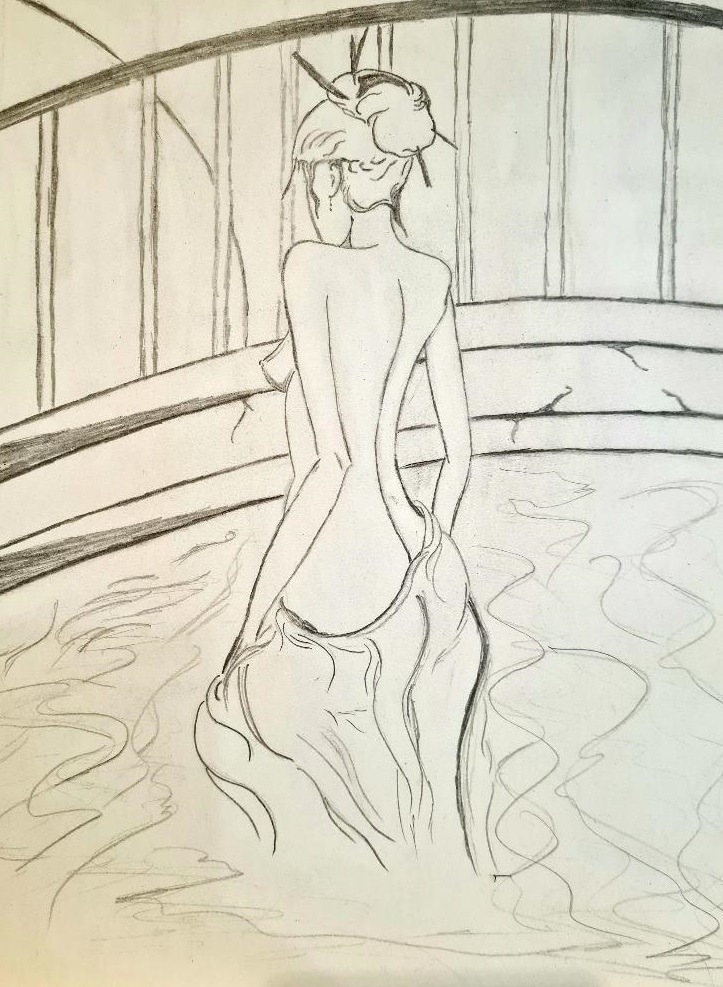 Dibujo a lápiz representando a 'Li Sao saliendo del estanque', de Óscar Ocaña Parrón