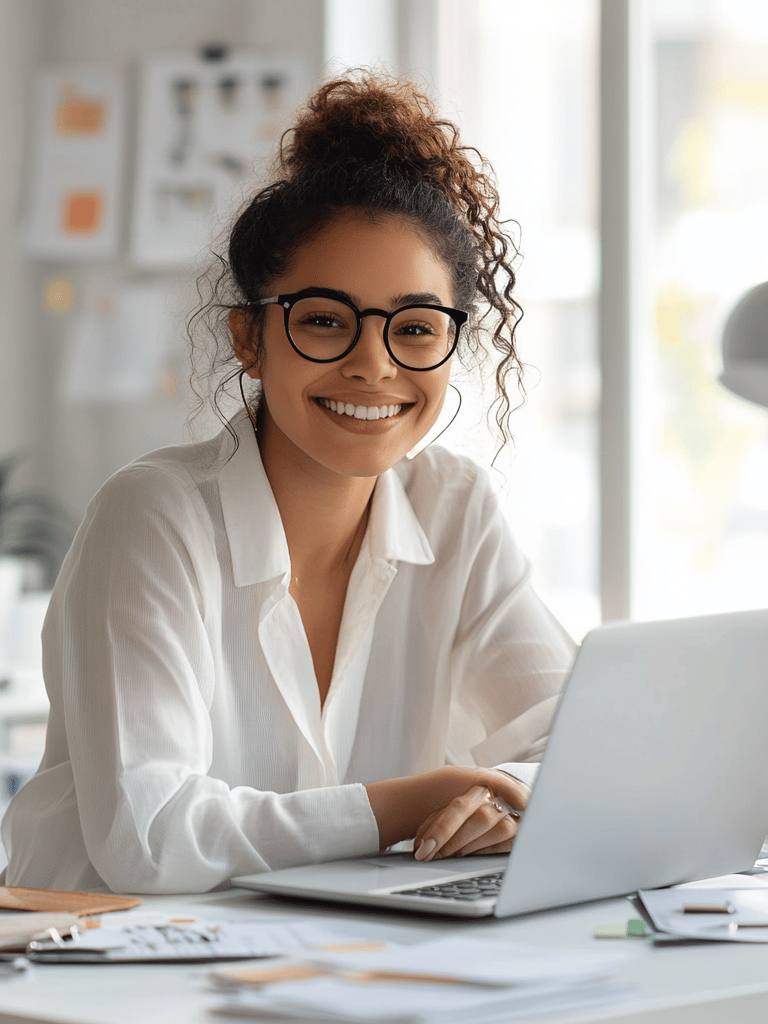 Emprendedora joven sonriente trabajando en laptop, representa productividad y liderazgo femenino en negocio digital en casa.