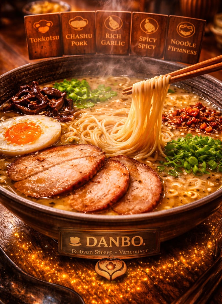 Authentic Fukuoka style tonkotsu ramen bowl at Danbo on Robson Street Vancouver with MyFavs discover