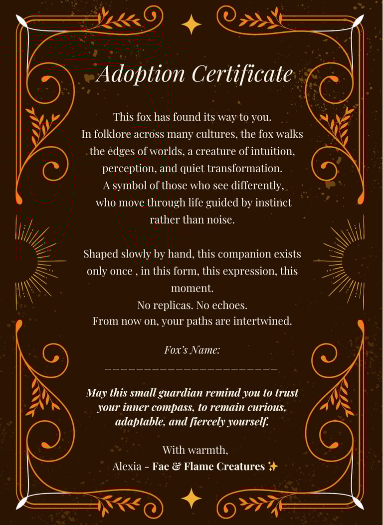  brown and gold graphics of a story card and adoption certificate for magical creature