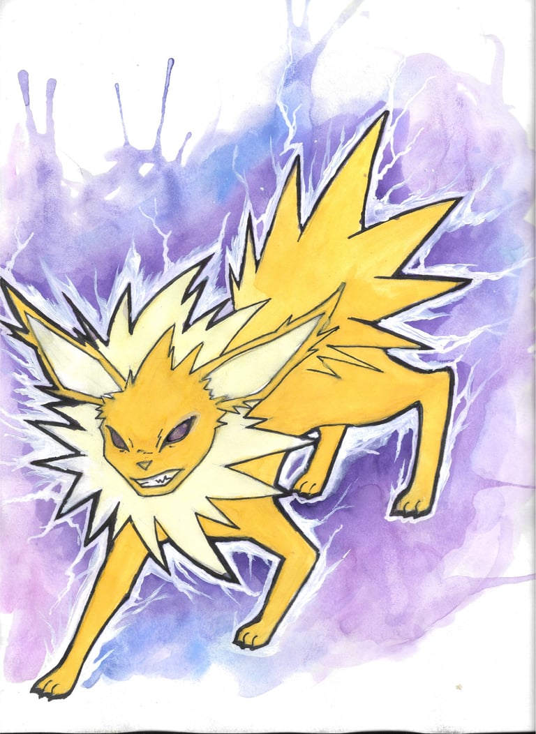 watercolor paining of jolteon. pokemon first gen.