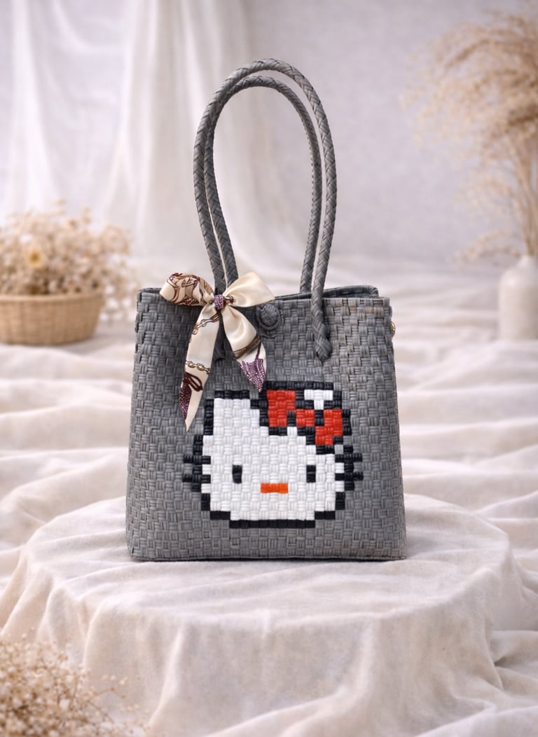 Tas anyaman karakter kucing lucu warna abu tua handmade dari plastik daur ulang