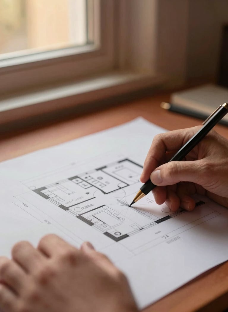 Close-up of hands sketching a floor plan on architectural paper, with a warm editorial interior background, soft golden-hour window light, rich terracotta and charcoal tones, architectural 35mm lens, focus on the details of the drafting process.