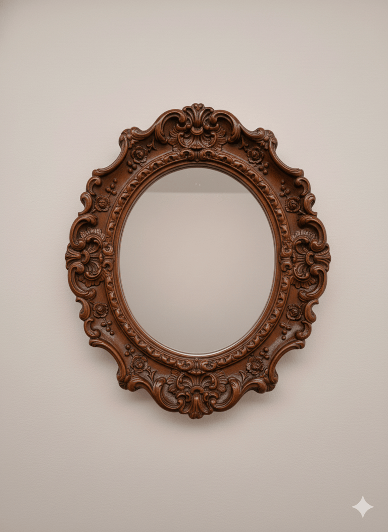 Espejo de pared ovalado ornamentado con un marco de madera tallada de estilo victoriano antiguo.