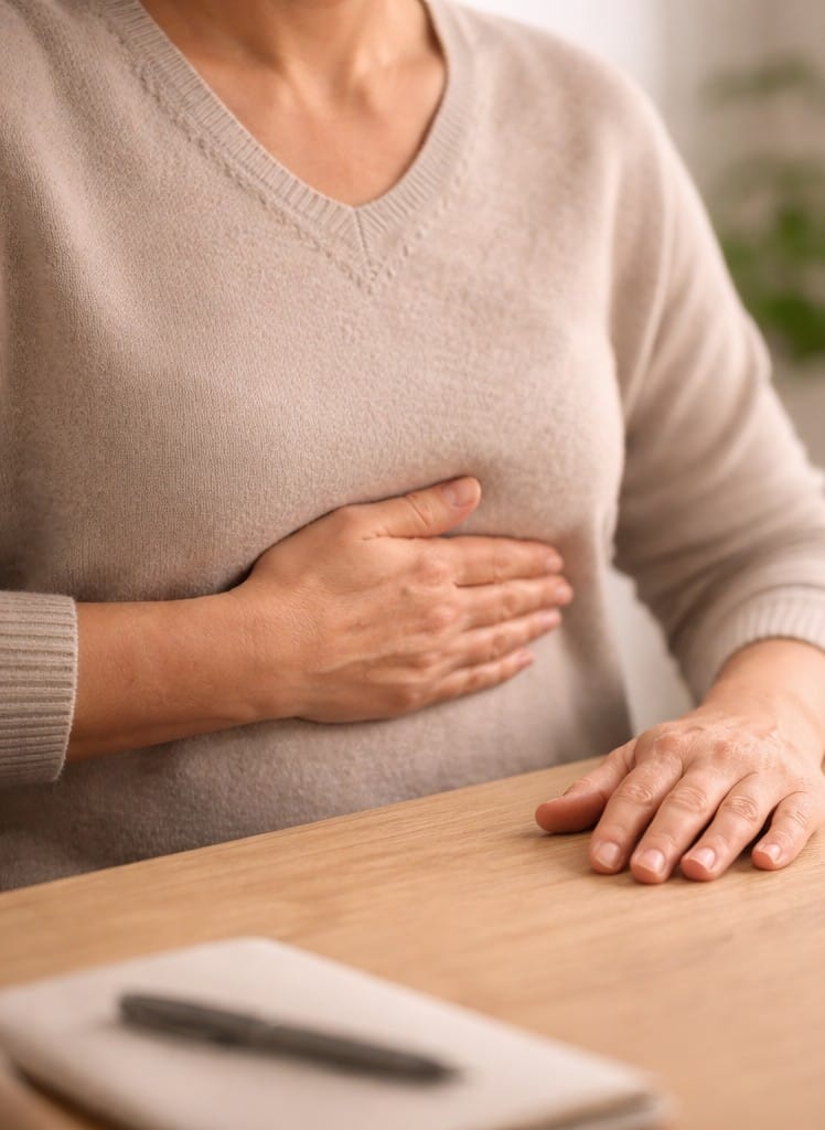 A woman holding her hand to her chest while experiencing breathing exercises at a wooden desk.