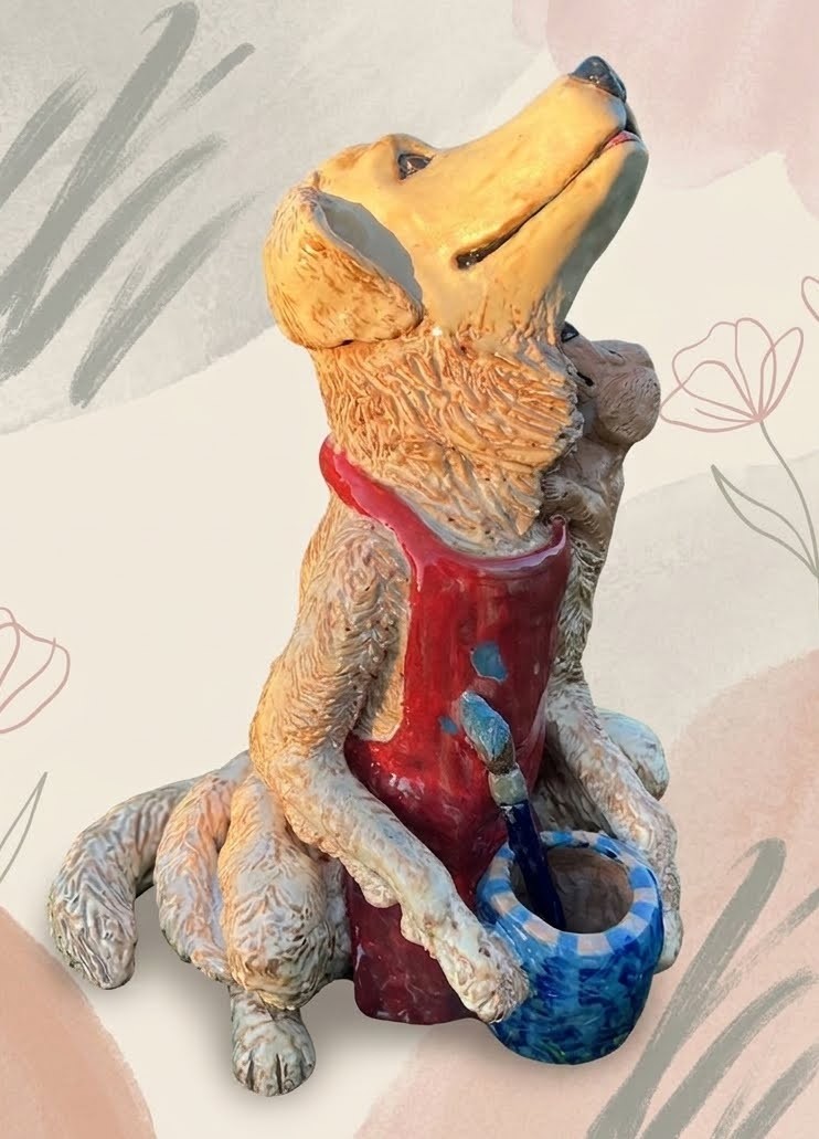 Hand-sculpted ceramic Golden Retriever artist sculpture in warm honey glazes.