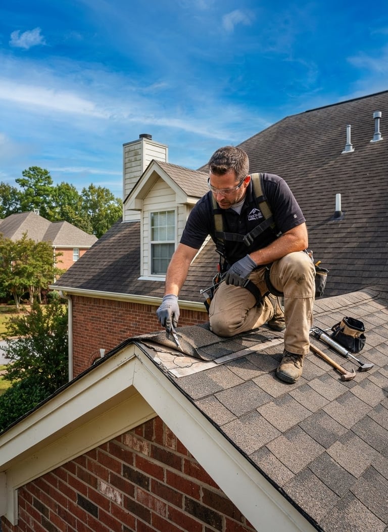  roof repair specialist inspecting a damaged roof seam on a residential home