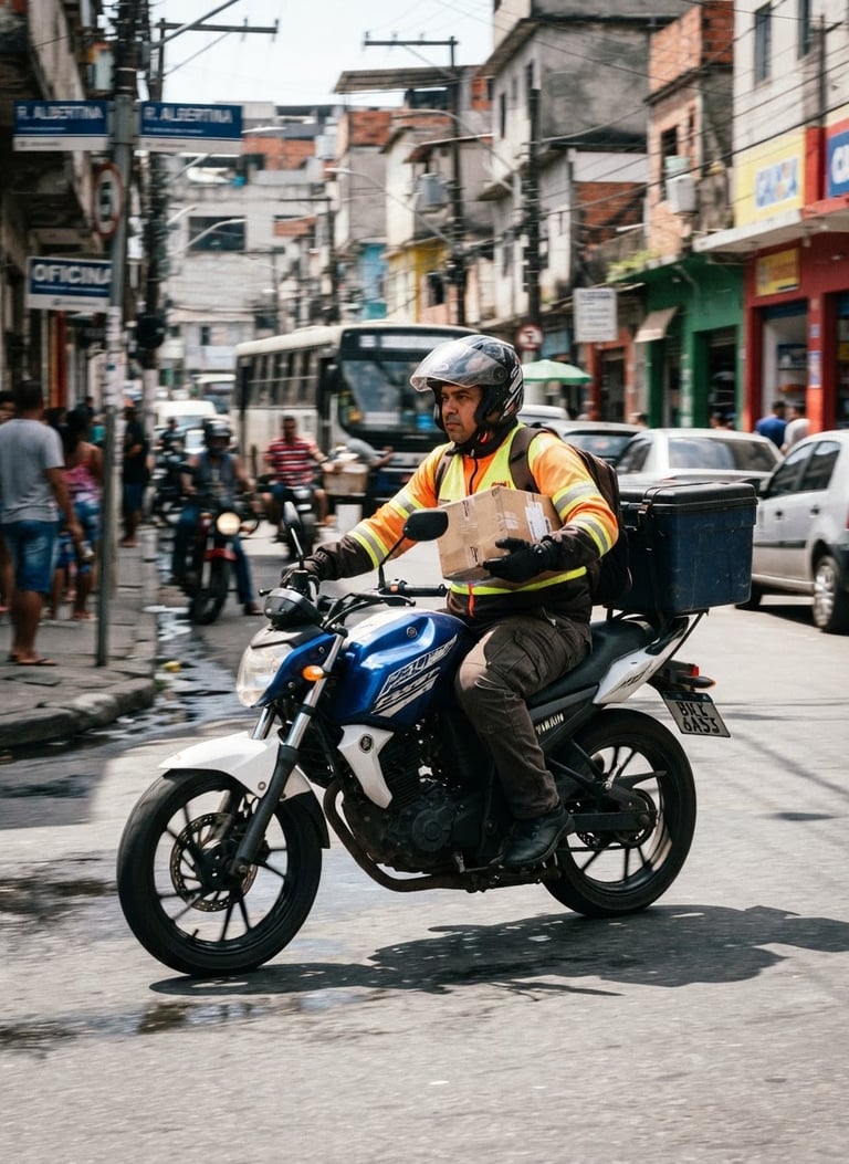 Professional courier on a motorcycle in motion on a street in Belford Roxo, wearing high-visibility gear, securely handling a sealed package, bright natural daylight, dynamic action shot, high-contrast industrial tones, sharp focus, 35mm lens.