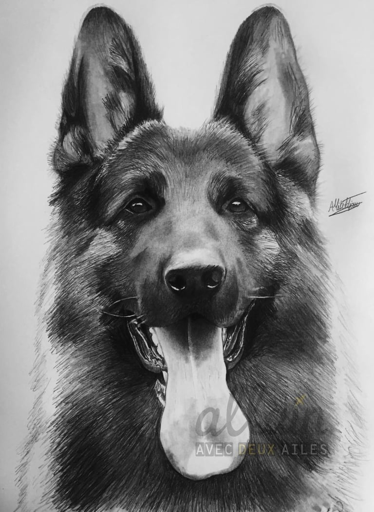 Dessin réaliste d'un berger allemand