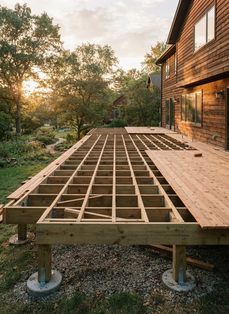 Wide shot of a partially completed custom cedar deck frame at sunrise, showing robust pressure-treated lumber and precise joinery, crisp outdoor photography, bright morning daylight, natural colors, sharp focus, architectural framing, 35mm lens