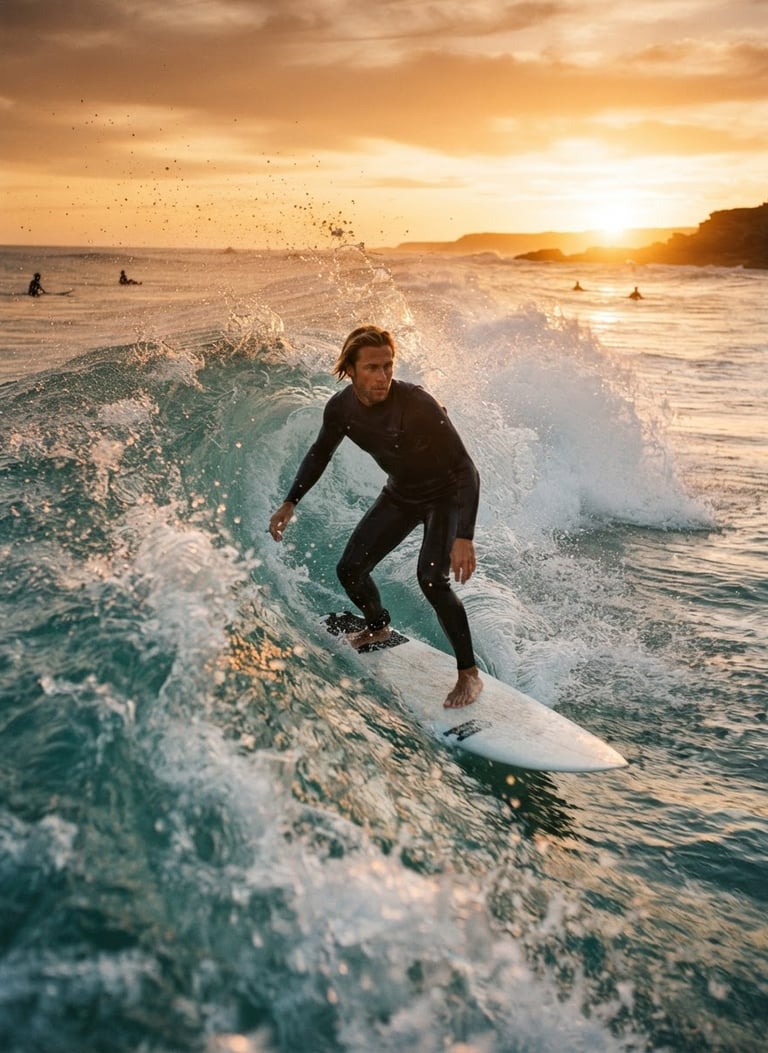 Um surfista em pé na prancha, pegando uma onda perfeita ao pôr do sol, com respingos de água e o horizonte dourado. Close-up dinâmico, candid lifestyle photography, golden hour sunlight, warm earthy tones with vibrant orange accents, dynamic motion blur, 35mm film look.