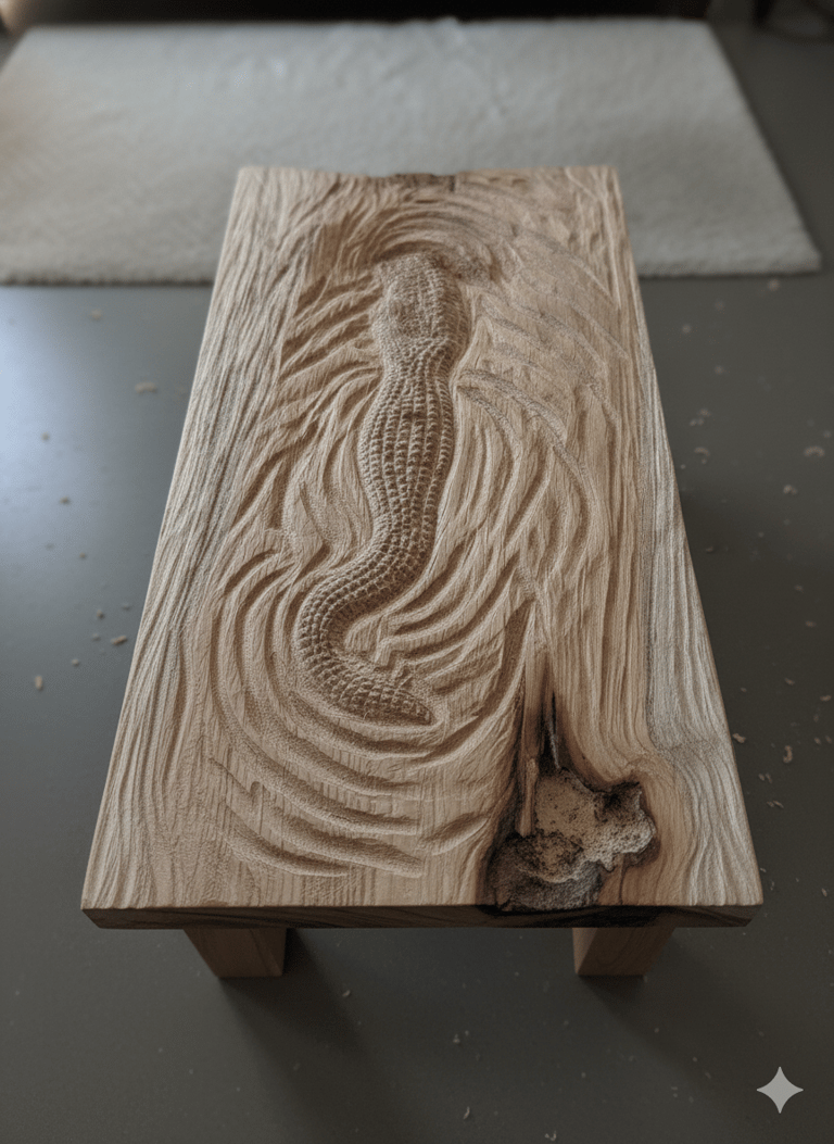 Mesa de centro rústica de madera tallada con superficie de cocodrilo en agua con vetas texturizadas