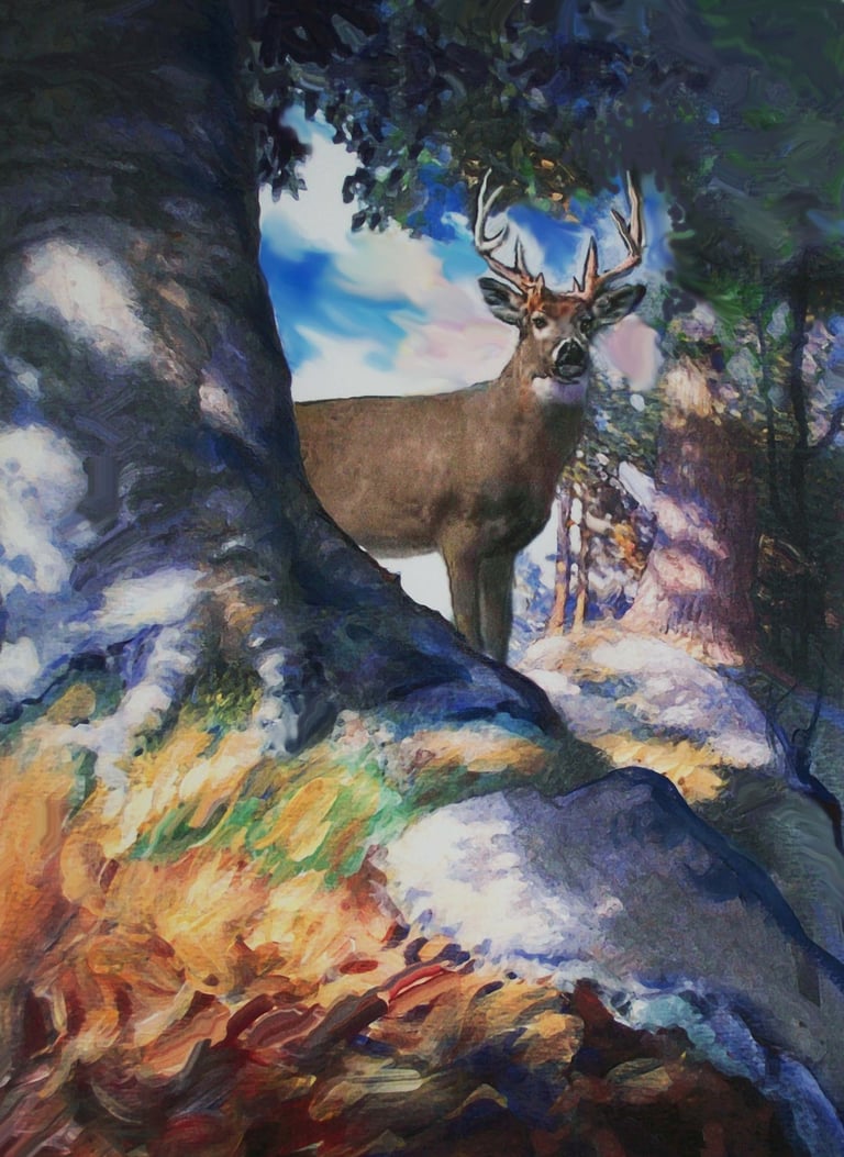 deer in the woods painting, buck