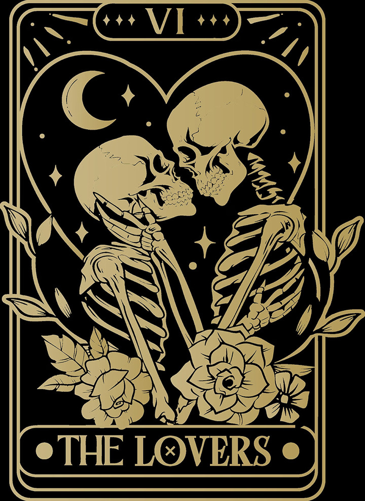 a tarot card with a couple of skeletons in love and affection