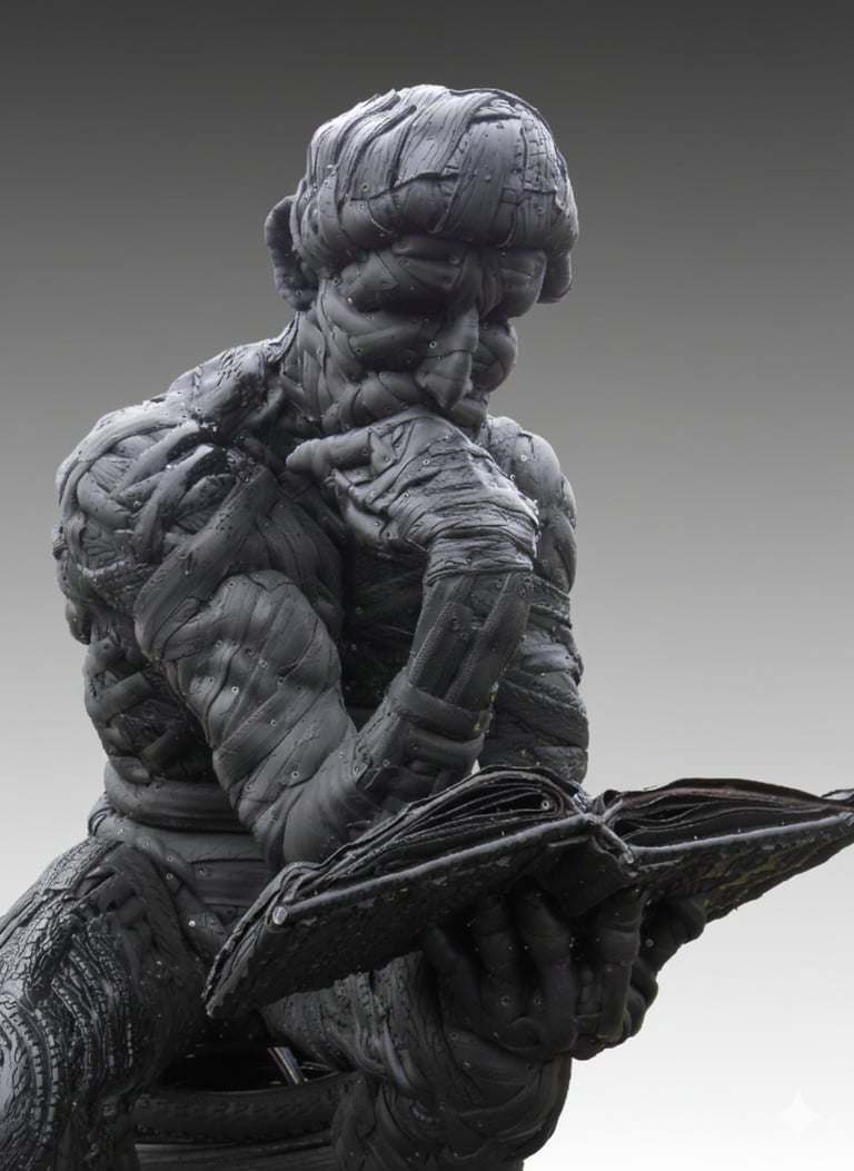 Sculpture based on Rodin's 'The Thinker'. made from recycled bicycle tyres over a steel frame.