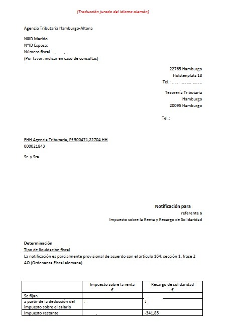 notificacion fiscal alemana, traducción jurada al español, página 1