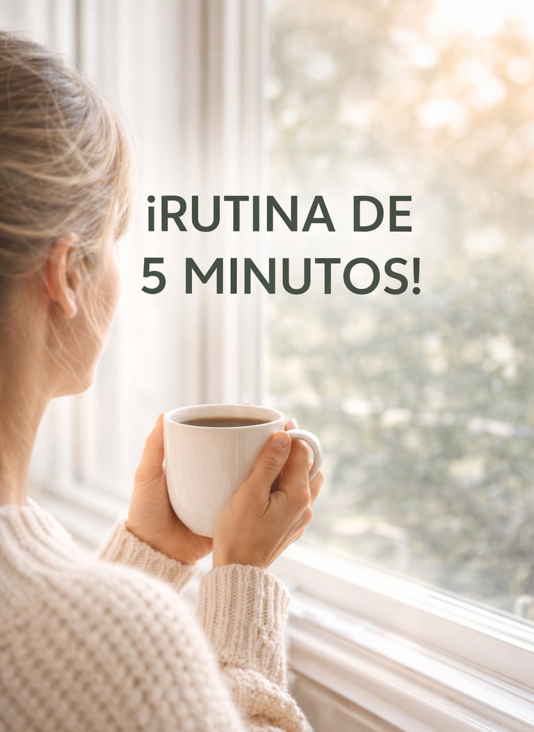 Mujer tomando café frente a una ventana con luz natural y texto “rutina de 5 minutos”