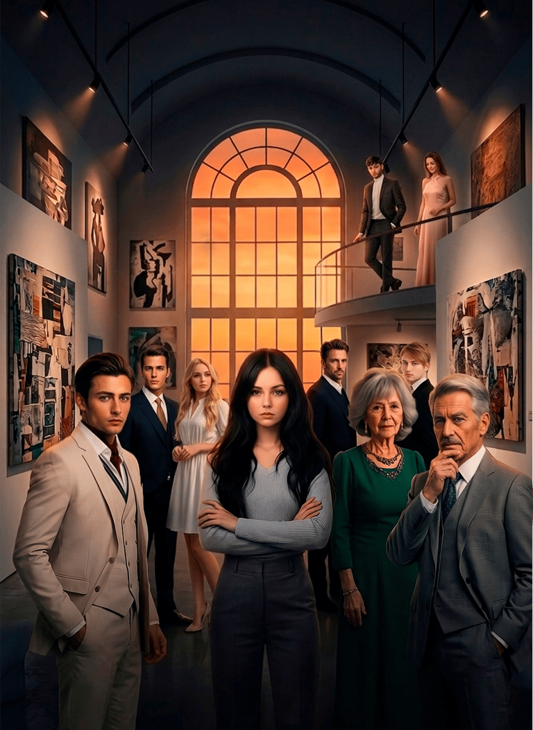 A diverse group of elegantly dressed individuals, including men in suits and women in dresses, stands within a sophisticated