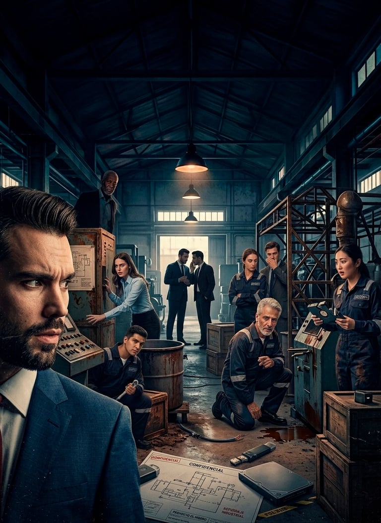 Industrial mystery scene featuring dramatic lighting and a group of workers in a dark warehouse factory.