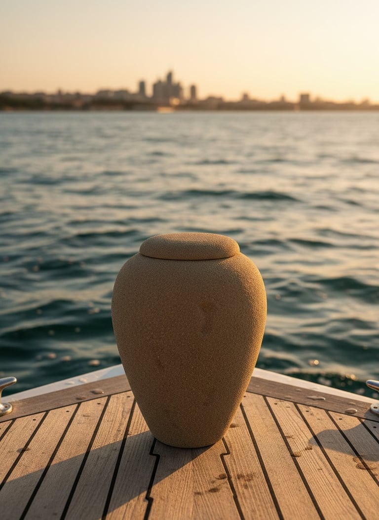 urna funerária com cinzas preparada para cerimónia de dispersão no mar após cremação