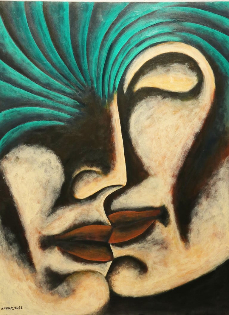 Hesham Nawar, kiss and tree, acrylic on canvas.