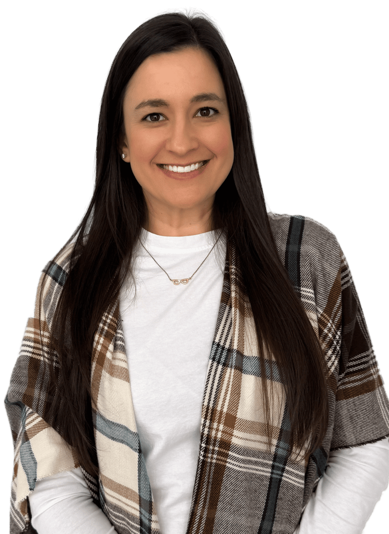 woman with long dark hair wearing a a white shirt and plaid scarf