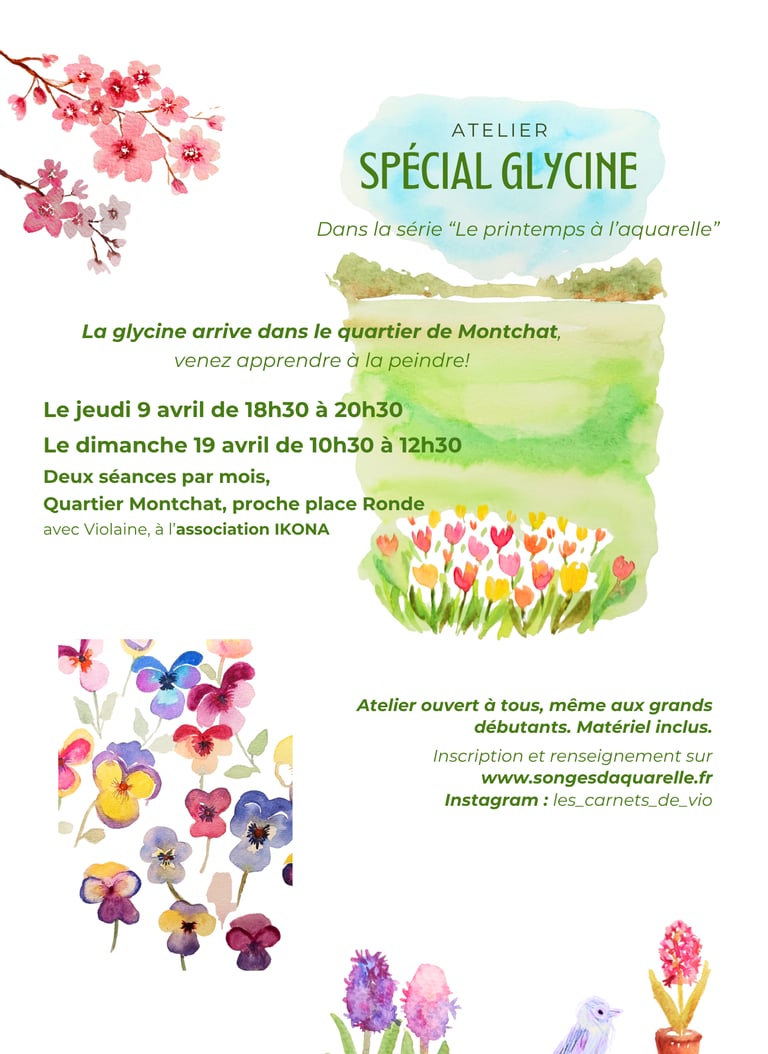 affiche atelier aquarelle printemps Lyon peinture fleurs glycine cours débutant Montchat