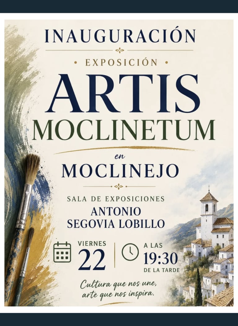 Poster for Artis Moclinetum art exhibition in Moclinejo featuring paintbrushes and a Spanish village illustration.