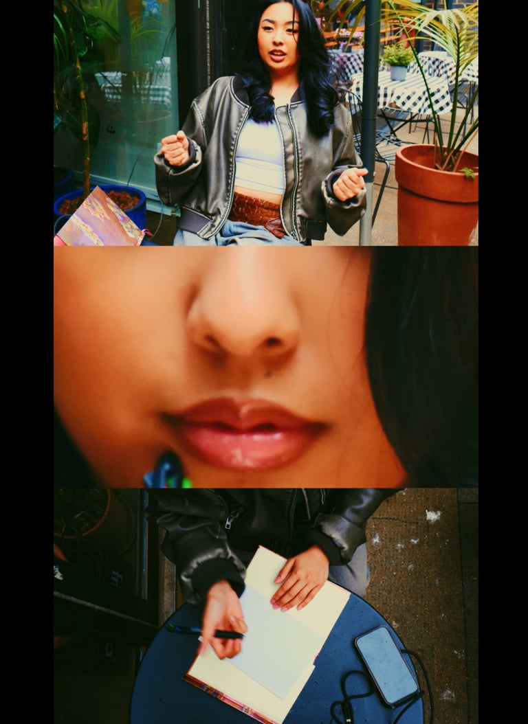 a picture of 3 shots of a Filipino girl in a video production