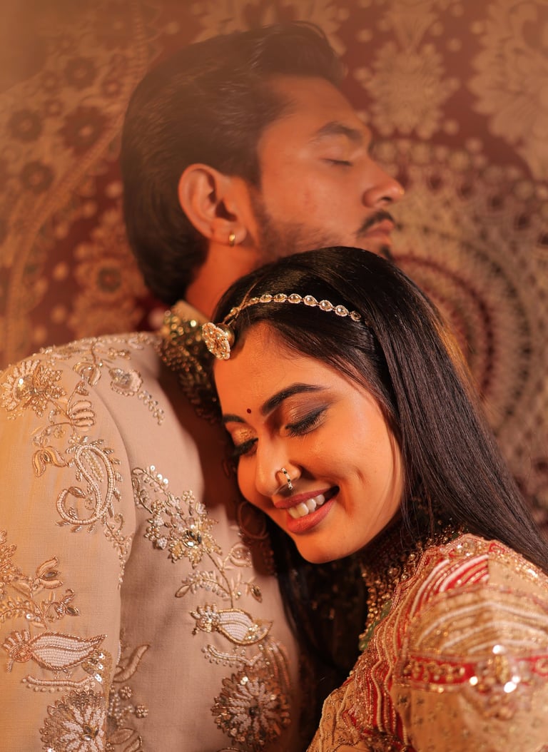 Intimate side profile of a bride and groom, highlighting the bride's stunning HD makeup finish, glow