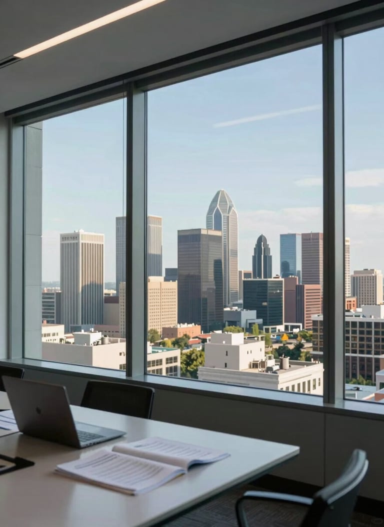 Wide view through floor-to-ceiling boardroom glass, Dallas skyline stretching to the right horizon, a desk with open documents and a laptop in the foreground left, cool daylight, no people visible