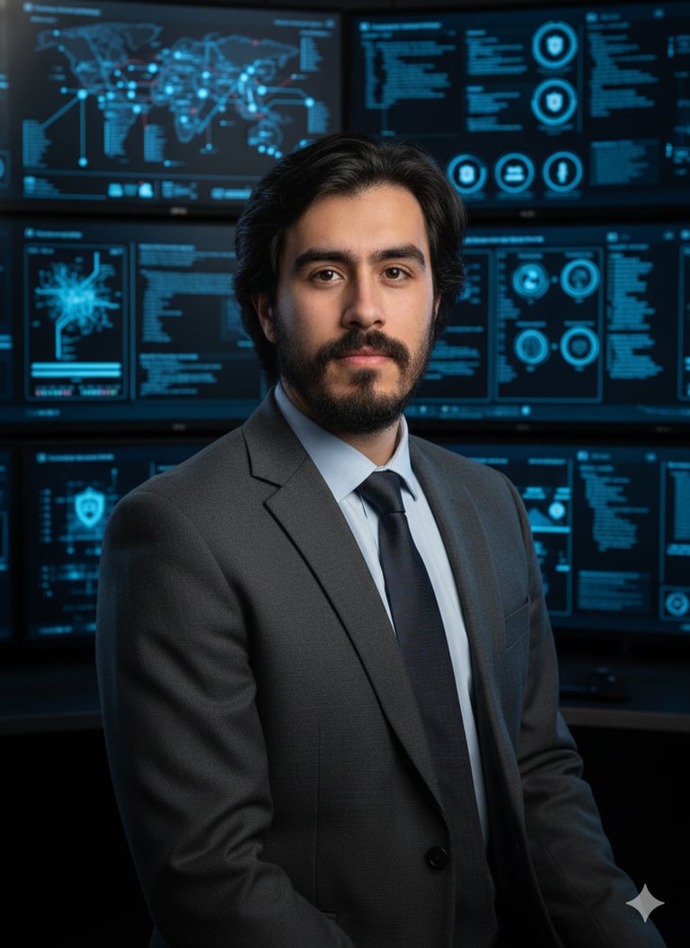 Professional cybersecurity analyst in a suit standing before a wall of digital data monitoring screens.