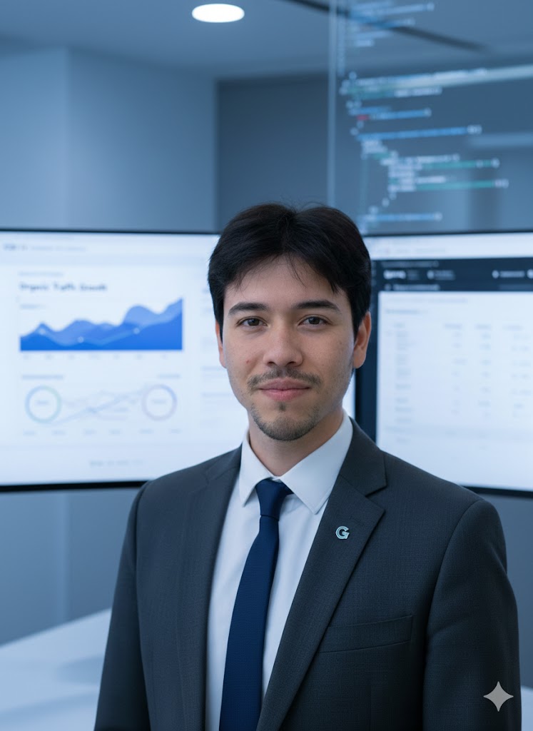 Professional male data analyst in a suit standing before computer monitors displaying analytics charts.