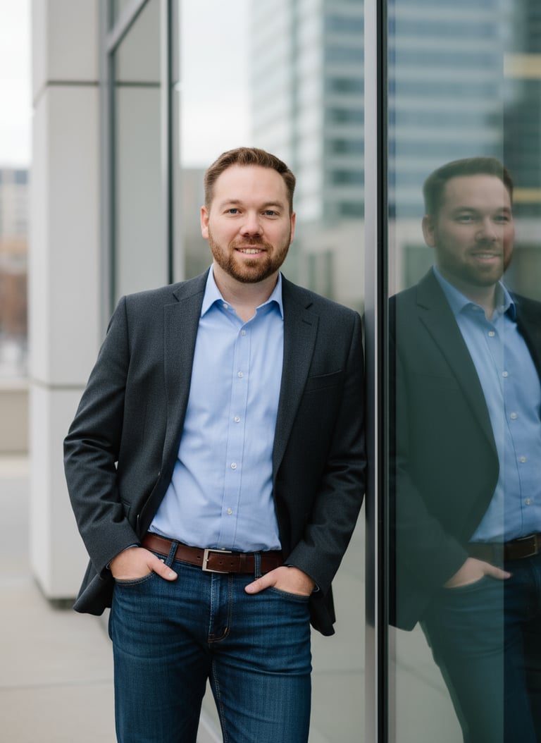 Man in blazer and jeans leaning against glass wall with city buildings in background.