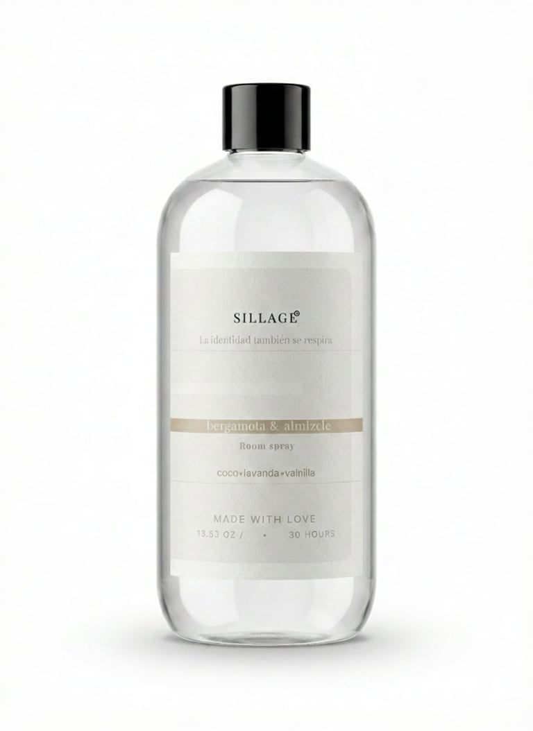 Spray ambiental Sillage de bergamota y almizcle en un frasco transparente inspo Hotel Ritz