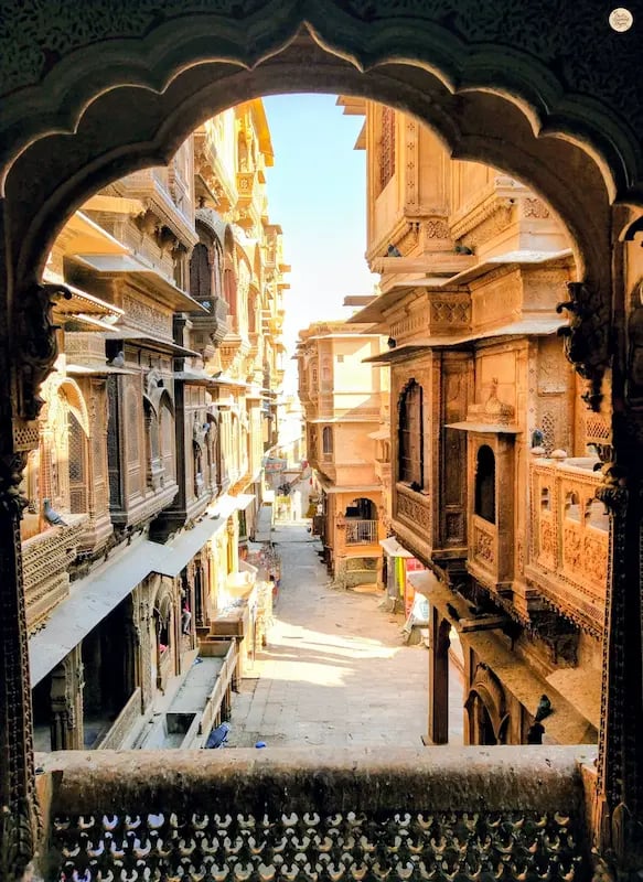 Narrow golden alleys with historic charm inside Jaisalmer Fort.
