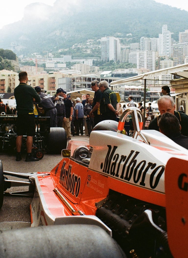 an 80's Formula 1 car in the paddock at Monaco