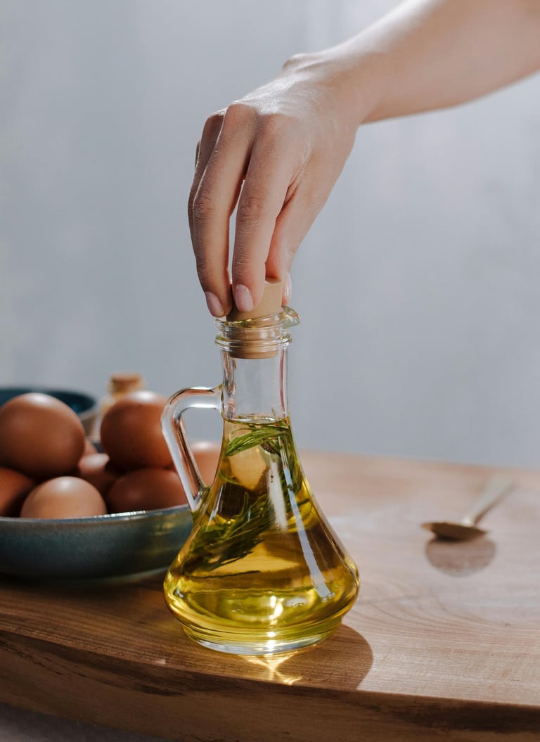 Imagen generica de mano tapando una botella con aceite y hiervas