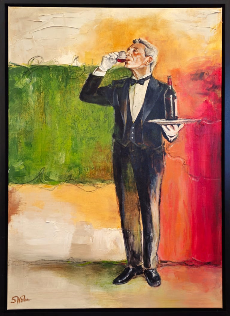 Oil painting of a waiter in a tuxedo drinking red wine against a colorful abstract background.