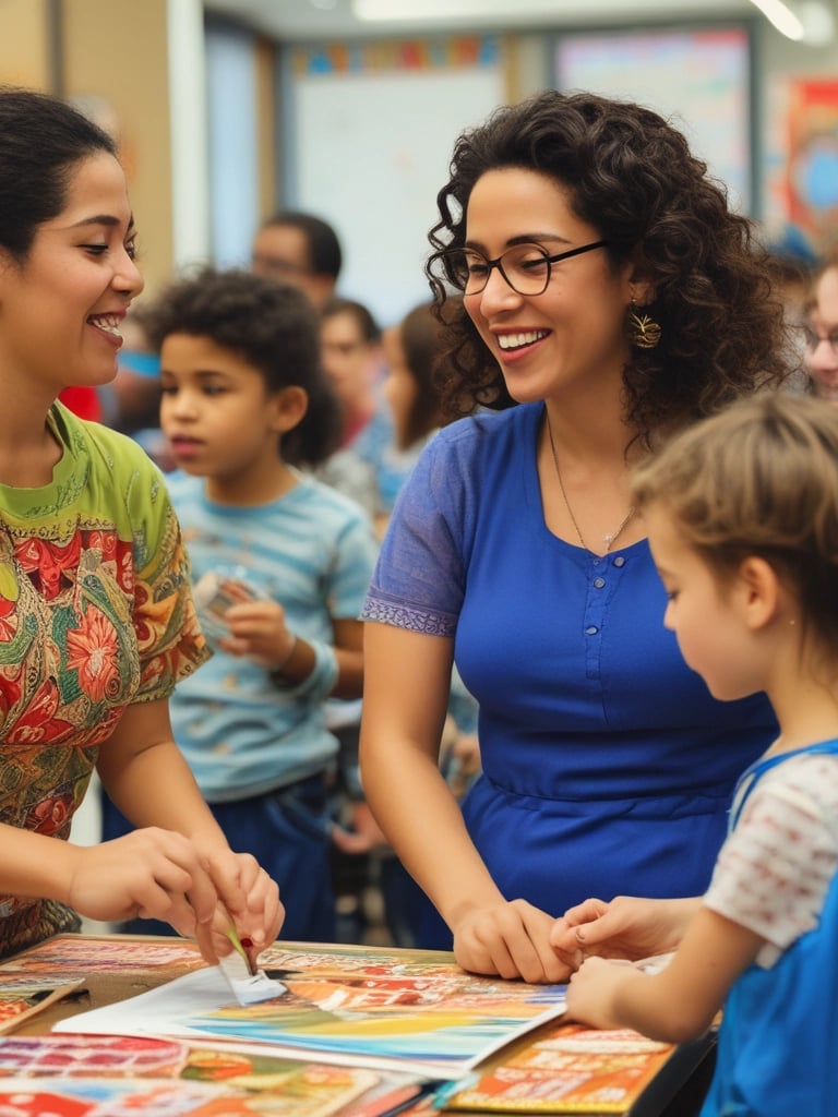 A diverse group of smiling students and teachers engaged in a lively bilingual classroom activity.