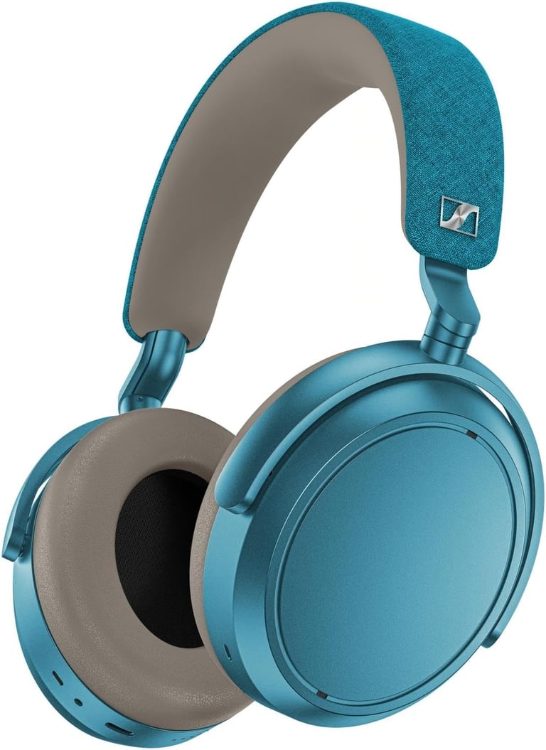 Sennheiser Momentum 4 wireless noise-canceling over-ear headphones in denim blue and tan.